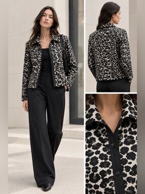 Metallic Leopard Animal Print Jacket Blazer Black White Size M